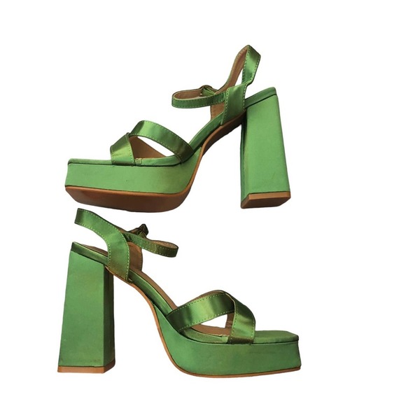 BRIGHT Green Satin Platform Strappy Sandals, Size 8.5 - Picture 11 of 13